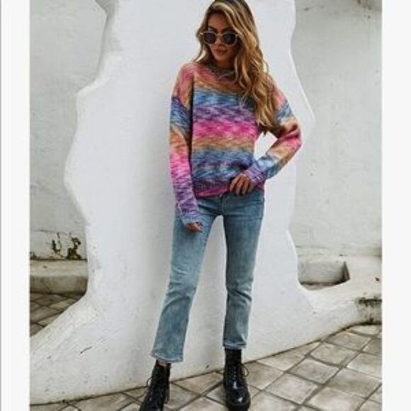 New Gradient Color Block Knit Pullover Sweater - Picture 4 of 5